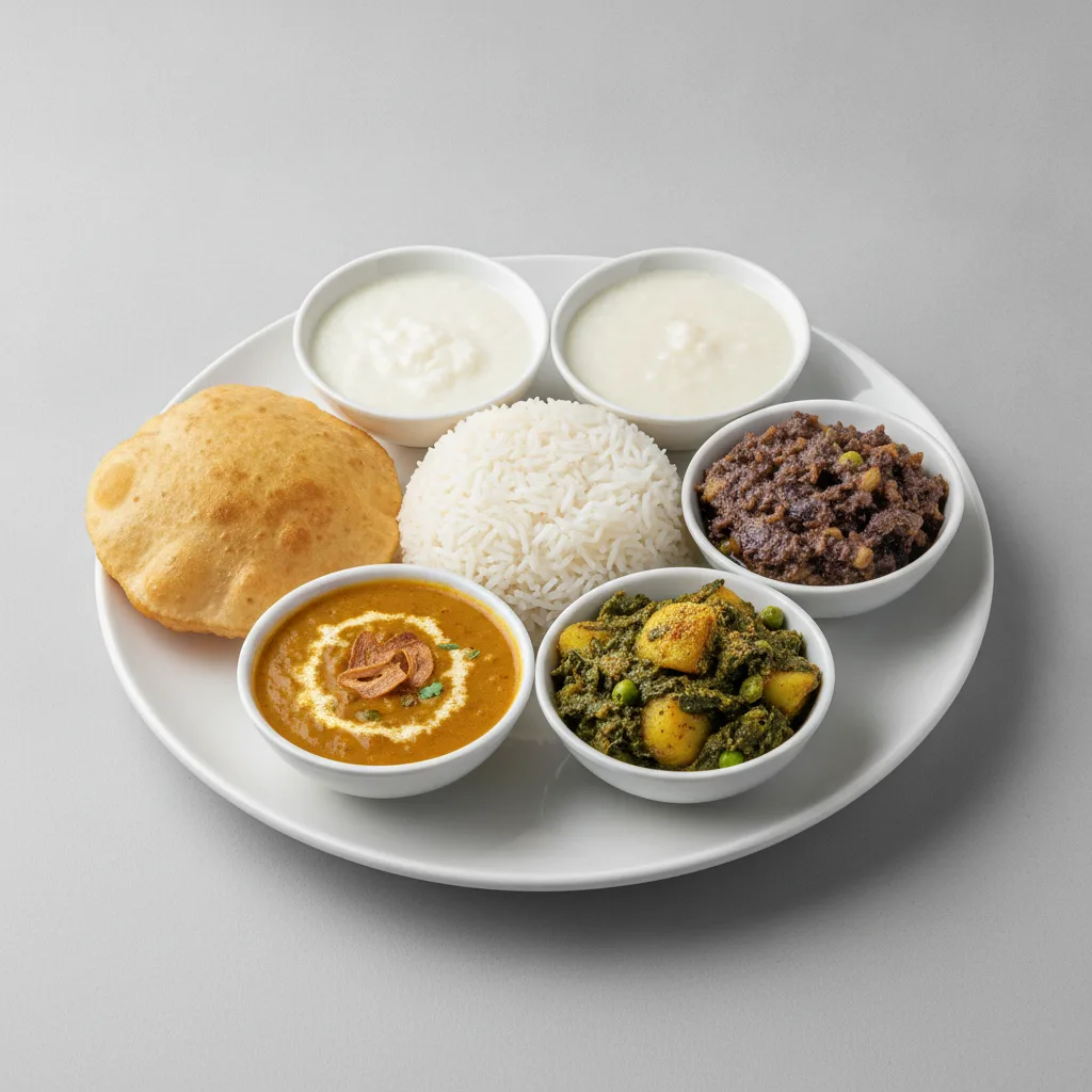 Vegetable Thali - Tarka Dal, Baingan Bharta (Eggplant), Saag Aloo Vegetable Thali - Tarka Dal, Baingan Bharta (Eggplant), Saag Aloo