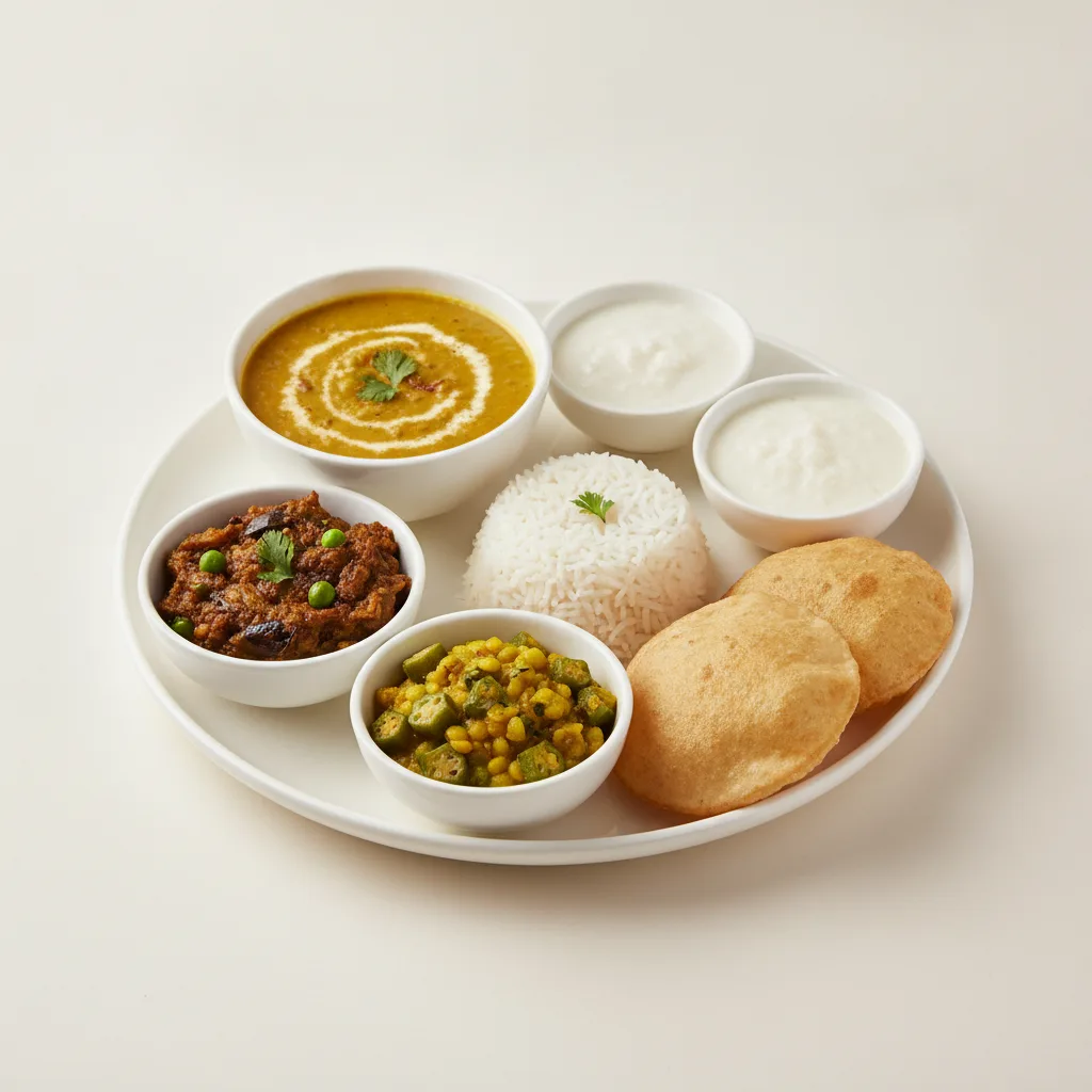 Vegetable Thali - Tarka Dal, Baingan Bharta (Eggplant), Dal with Okra Vegetable Thali - Tarka Dal, Baingan Bharta (Eggplant), Dal with Okra