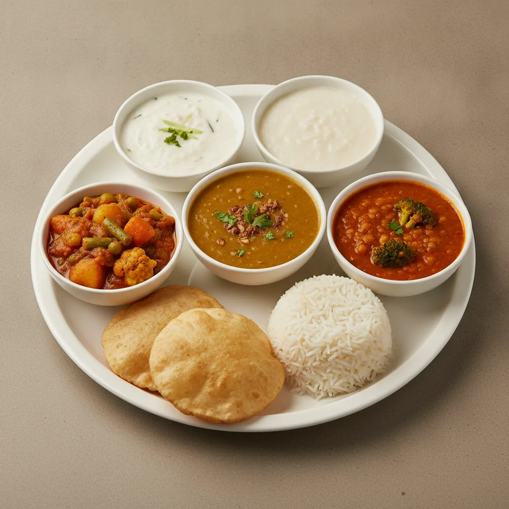 Vegetable Thali - Tarka Dal, Mixed Vegetable, Dal Broccoli Vegetable Thali - Tarka Dal, Mixed Vegetable, Dal Broccoli