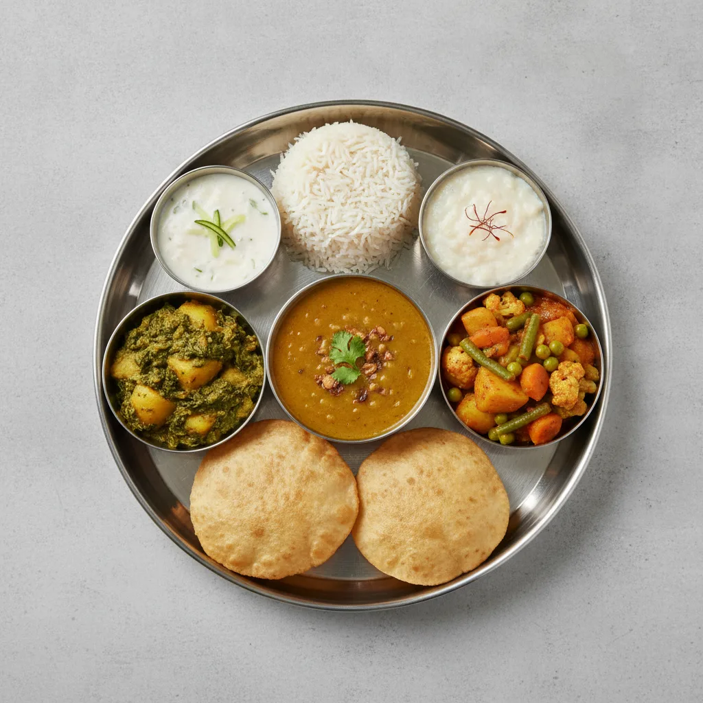 Vegetable Thali - Tarka Dal, Mixed Vegetable, Saag Aloo Vegetable Thali - Tarka Dal, Mixed Vegetable, Saag Aloo