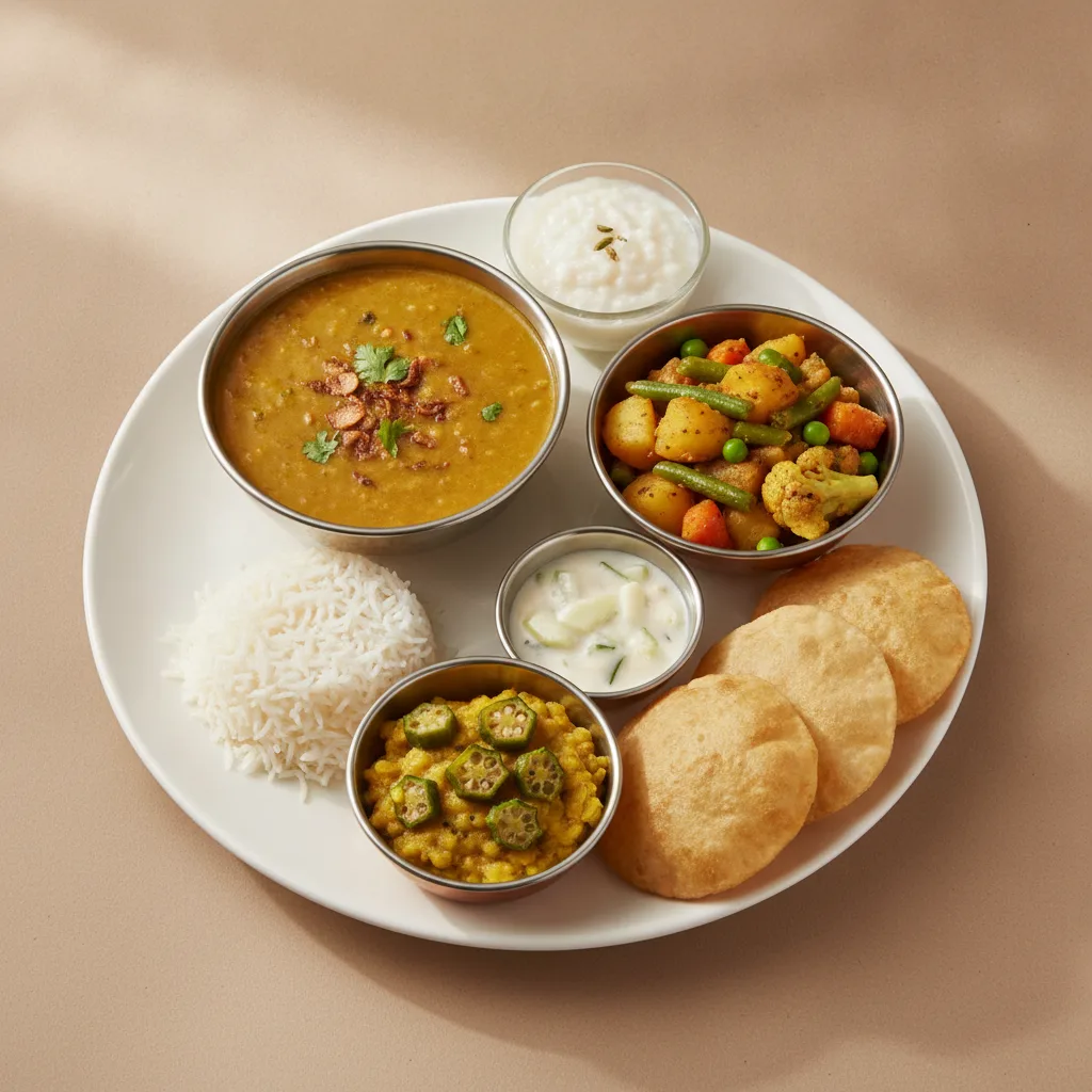 Vegetable Thali - Tarka Dal, Mixed Vegetable, Dal with Okra Vegetable Thali - Tarka Dal, Mixed Vegetable, Dal with Okra