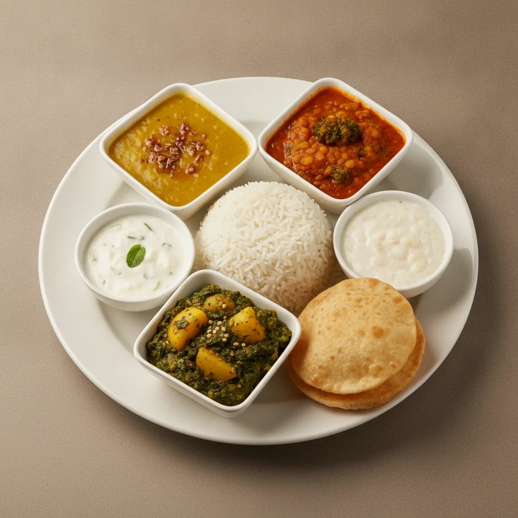 Vegetable Thali - Tarka Dal, Dal Broccoli, Saag Aloo Vegetable Thali - Tarka Dal, Dal Broccoli, Saag Aloo