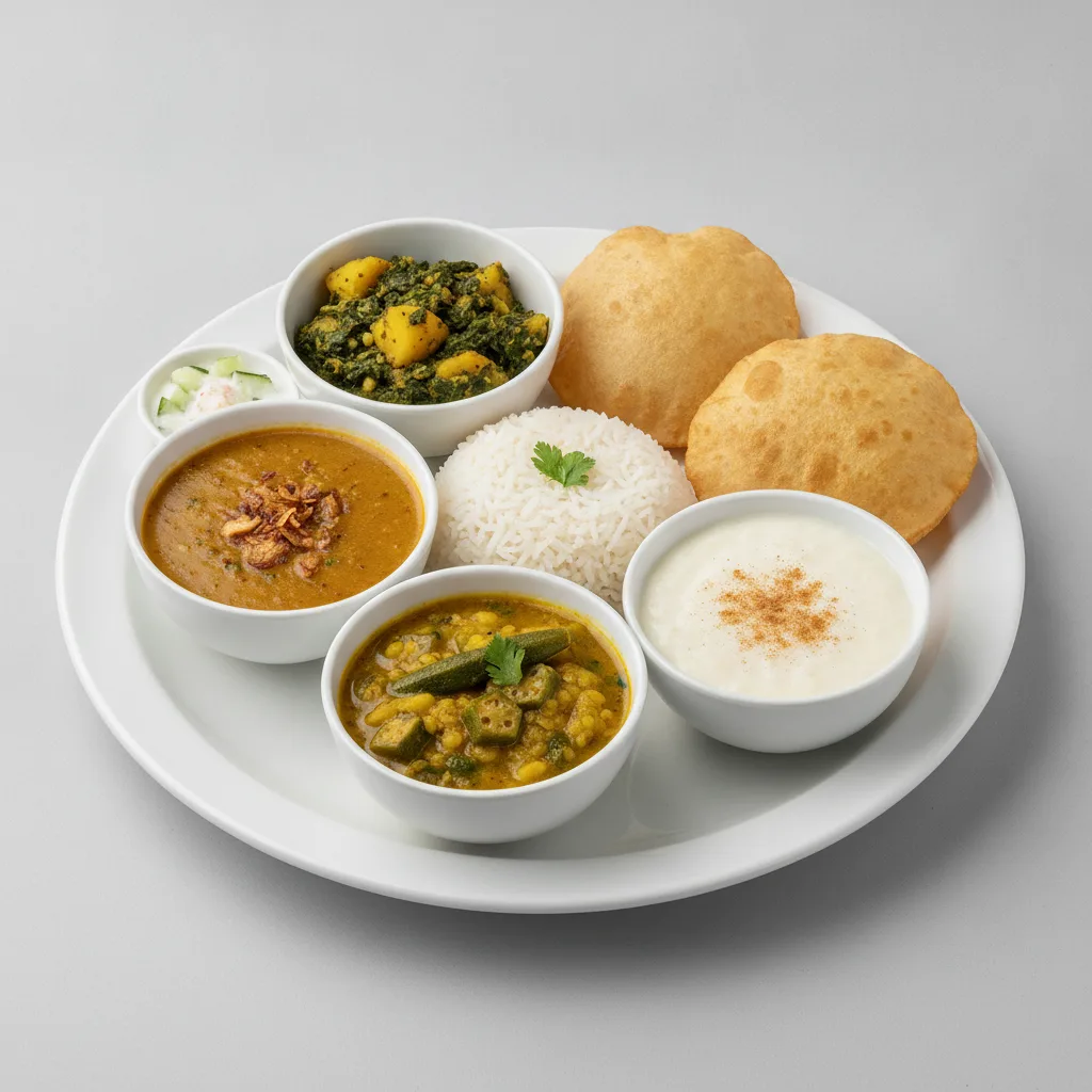 Vegetable Thali - Tarka Dal, Saag Aloo, Dal with Okra Vegetable Thali - Tarka Dal, Saag Aloo, Dal with Okra