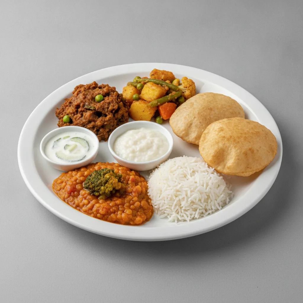 Vegetable Thali - Baingan Bharta (Eggplant), Mixed Vegetable, Dal Broccoli Vegetable Thali - Baingan Bharta (Eggplant), Mixed Vegetable, Dal Broccoli