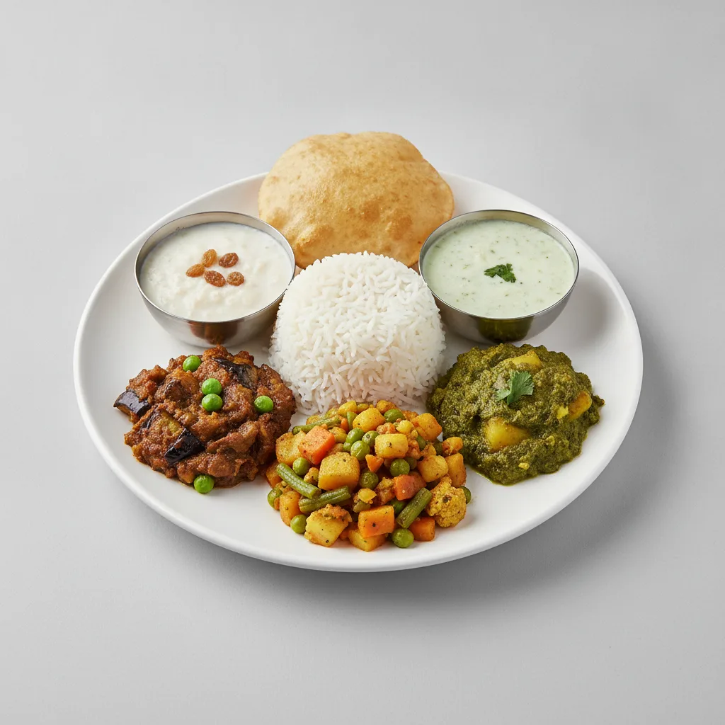 Vegetable Thali - Baingan Bharta (Eggplant), Mixed Vegetable, Saag Aloo Vegetable Thali - Baingan Bharta (Eggplant), Mixed Vegetable, Saag Aloo