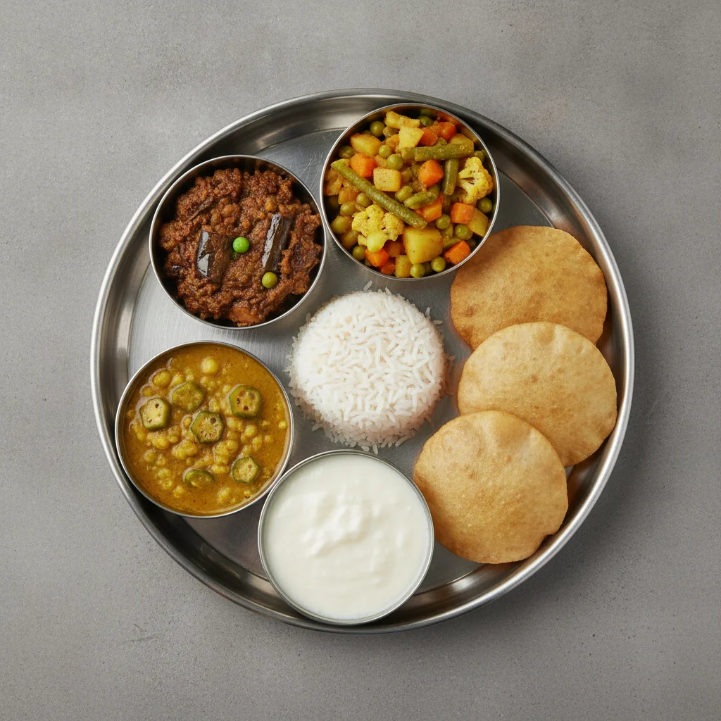Vegetable Thali - Baingan Bharta (Eggplant), Mixed Vegetable, Dal with Okra Vegetable Thali - Baingan Bharta (Eggplant), Mixed Vegetable, Dal with Okra