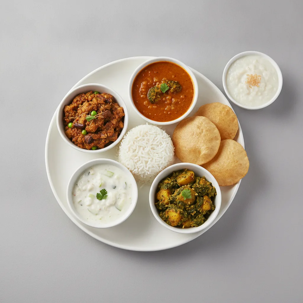 Vegetable Thali - Baingan Bharta (Eggplant), Dal Broccoli, Saag Aloo Vegetable Thali - Baingan Bharta (Eggplant), Dal Broccoli, Saag Aloo