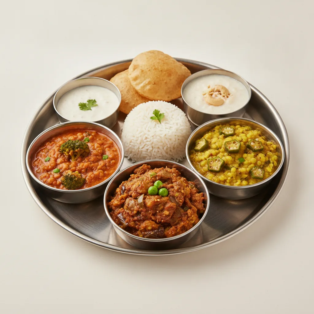 Vegetable Thali - Baingan Bharta (Eggplant), Dal Broccoli, Dal with Okra Vegetable Thali - Baingan Bharta (Eggplant), Dal Broccoli, Dal with Okra
