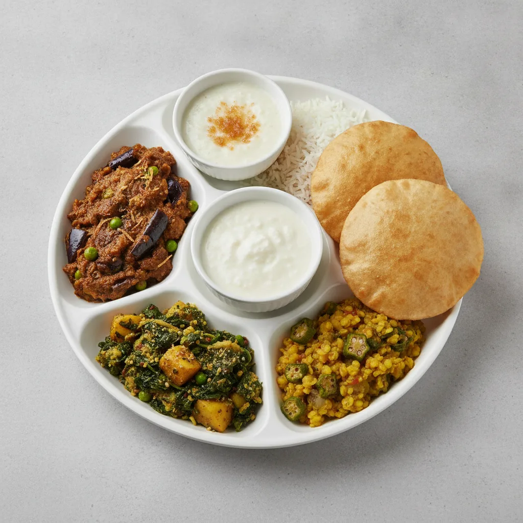 Vegetable Thali - Baingan Bharta (Eggplant), Saag Aloo, Dal with Okra Vegetable Thali - Baingan Bharta (Eggplant), Saag Aloo, Dal with Okra