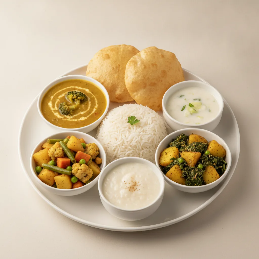 Vegetable Thali - Mixed Vegetable, Dal Broccoli, Saag Aloo Vegetable Thali - Mixed Vegetable, Dal Broccoli, Saag Aloo