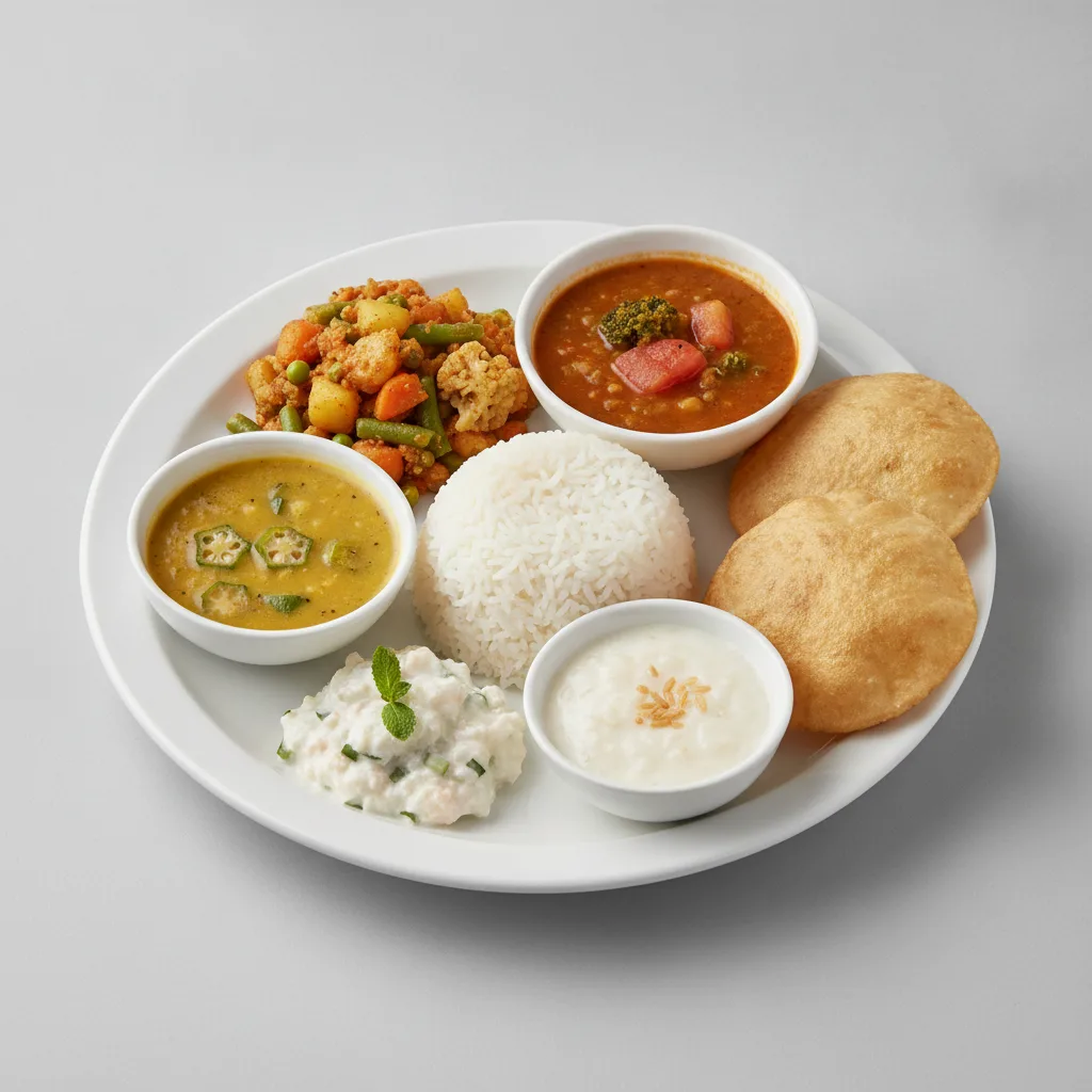 Vegetable Thali - Mixed Vegetable, Dal Broccoli, Dal with Okra Vegetable Thali - Mixed Vegetable, Dal Broccoli, Dal with Okra