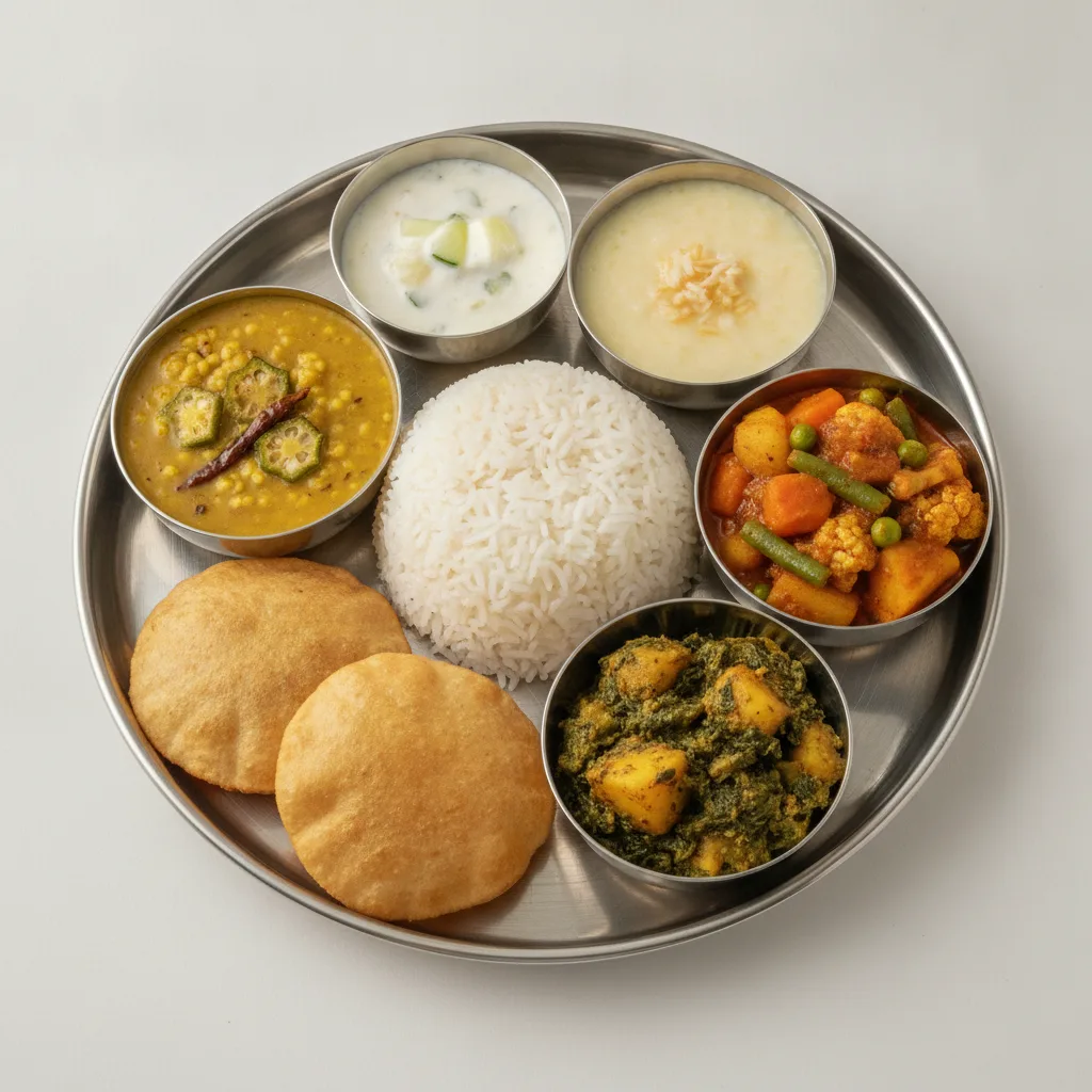 Vegetable Thali - Mixed Vegetable, Saag Aloo, Dal with Okra Vegetable Thali - Mixed Vegetable, Saag Aloo, Dal with Okra
