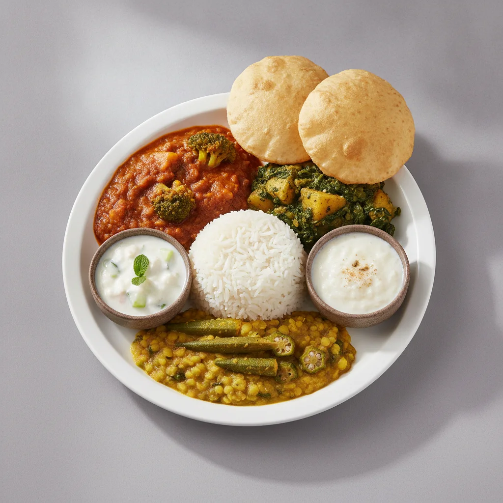 Vegetable Thali - Dal Broccoli, Saag Aloo, Dal with Okra Vegetable Thali - Dal Broccoli, Saag Aloo, Dal with Okra
