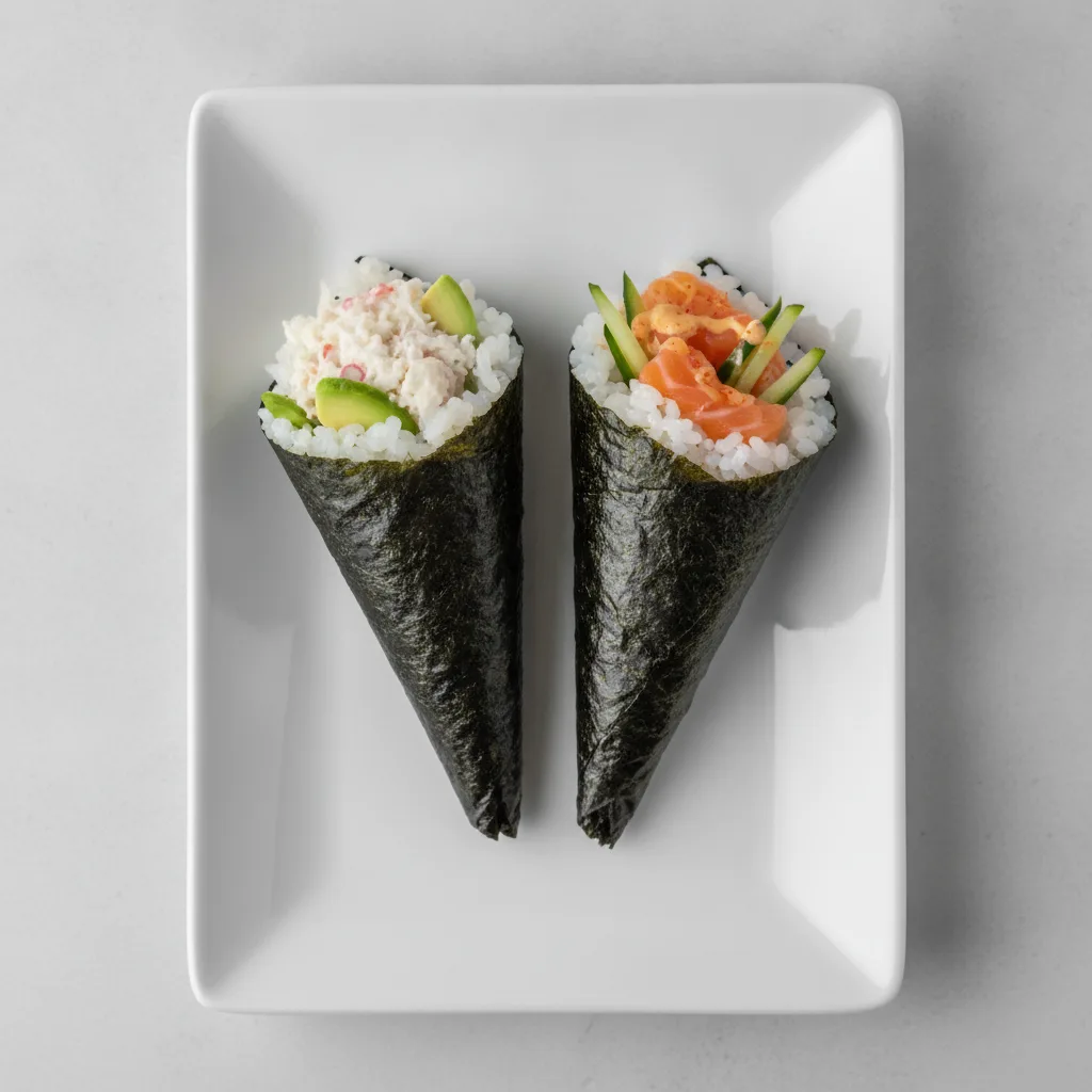 California and Spicy Salmon Handrolls. California and Spicy Salmon Handrolls.