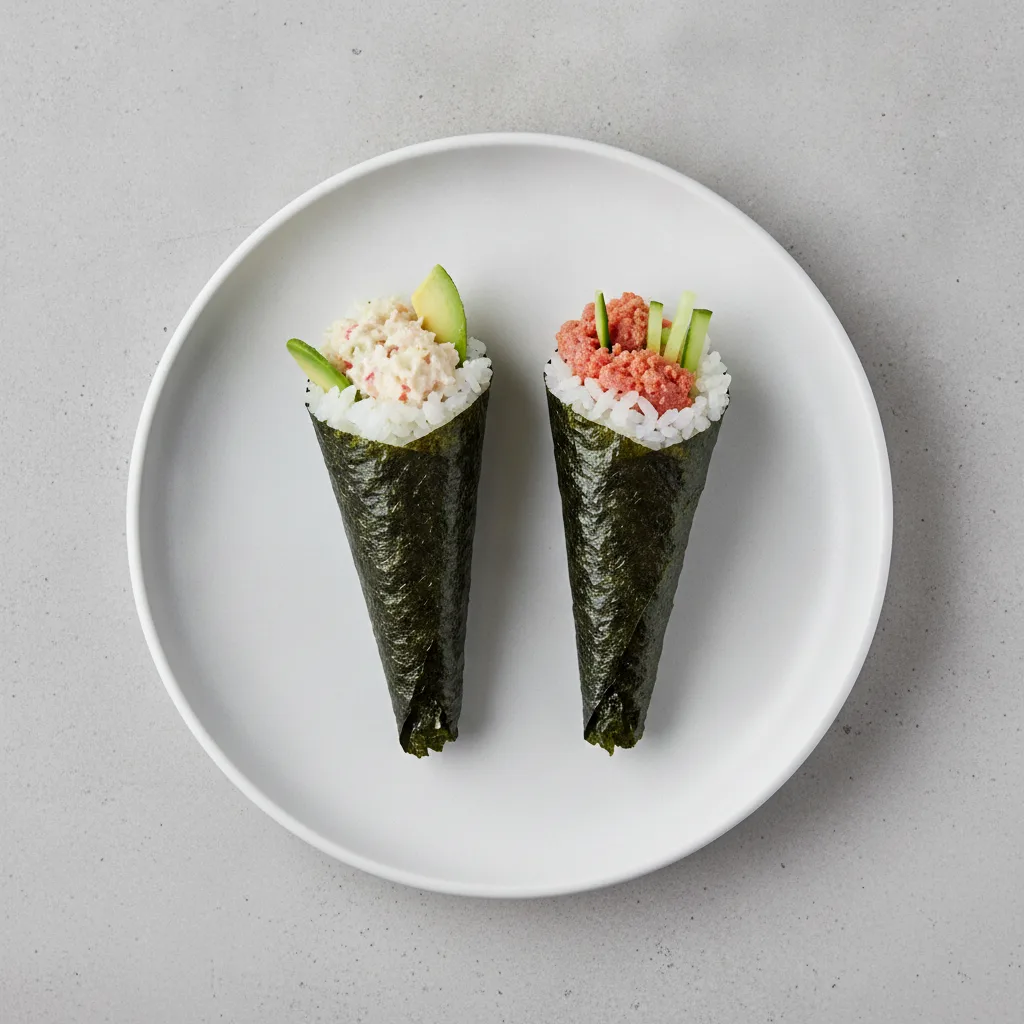 California and Spicy Tuna Handroll. California and Spicy Tuna Handroll.