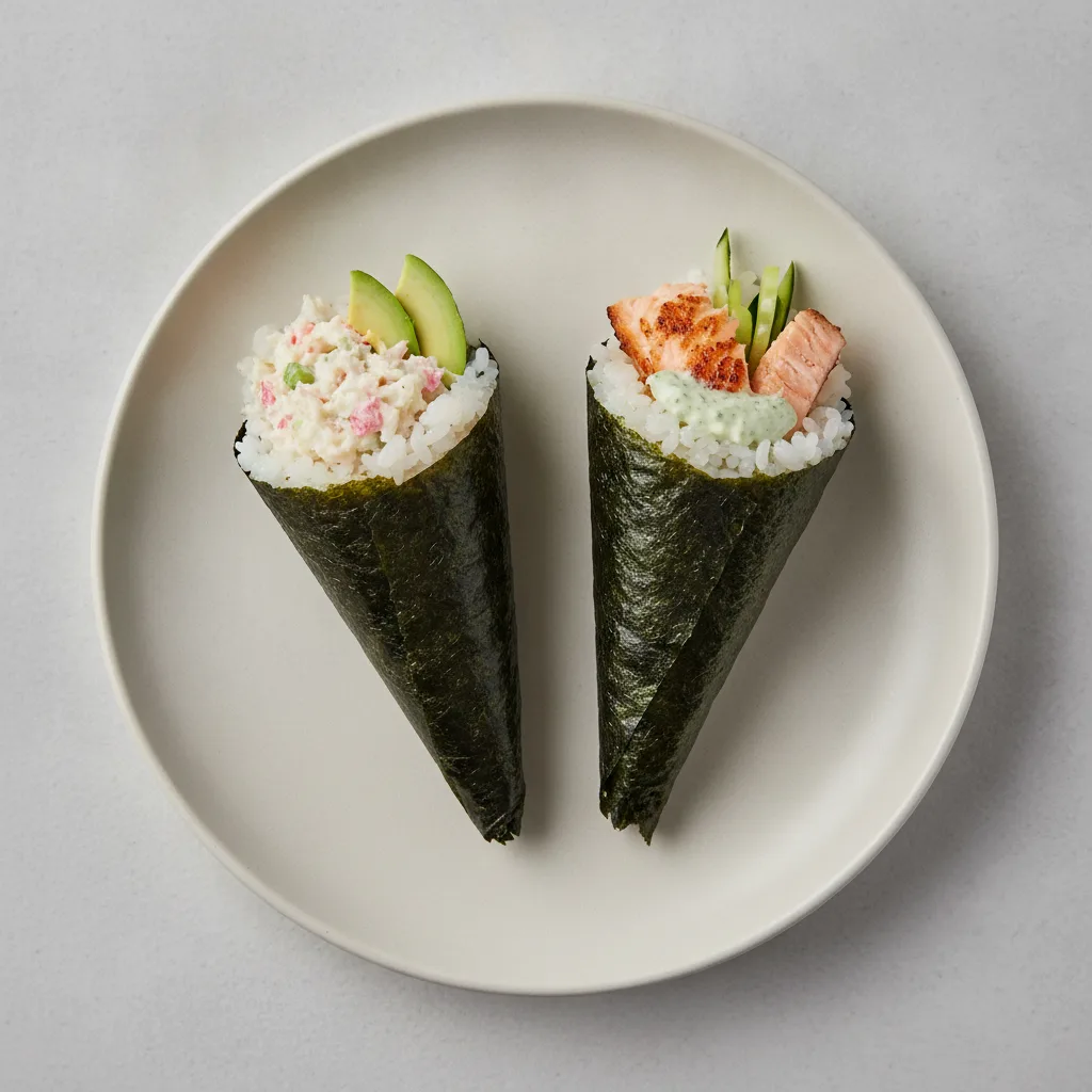 California and Cilantro Salmon Handroll. California and Cilantro Salmon Handroll.