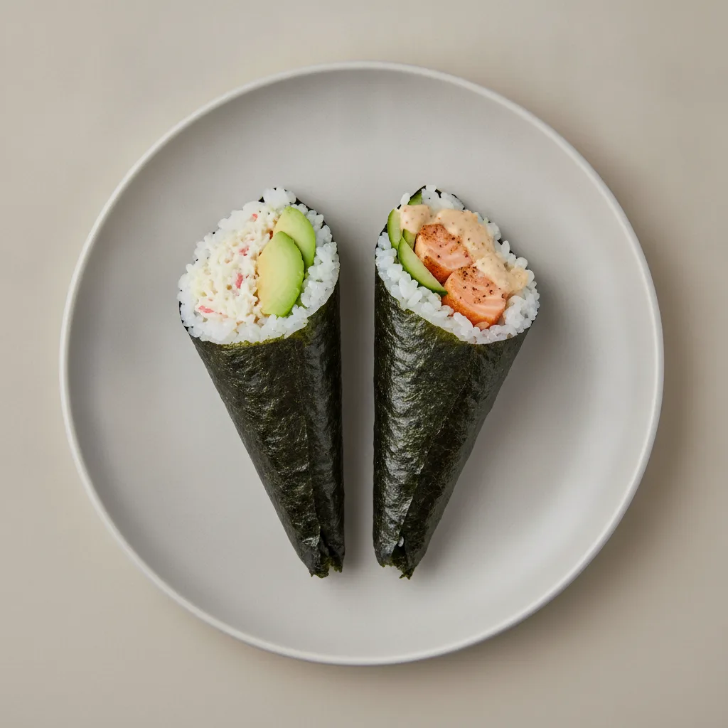 California and Miso Salmon Handroll. California and Miso Salmon Handroll.
