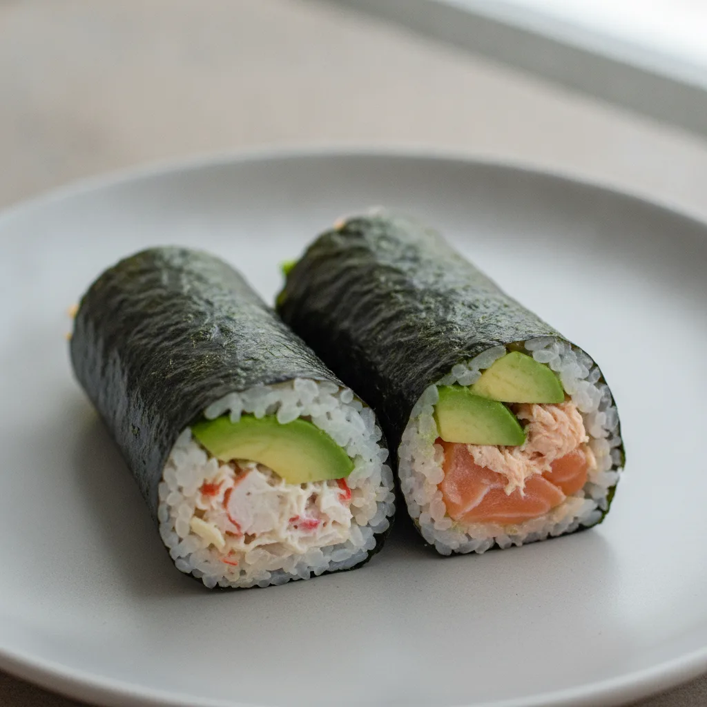 California and Grilled Salmon and Avocado Handroll. California and Grilled Salmon and Avocado Handroll.