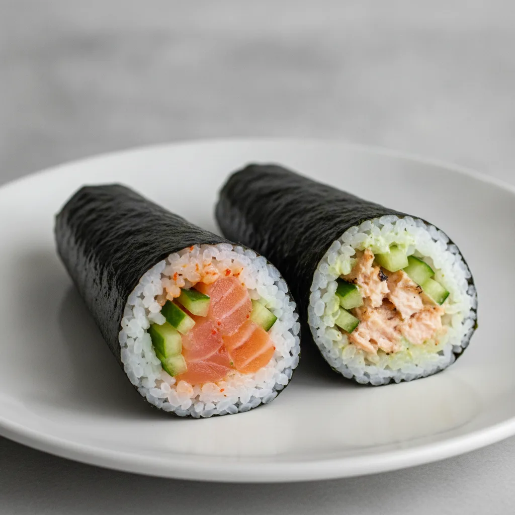 Spicy Salmon and Cilantro Salmon Handroll. Spicy Salmon and Cilantro Salmon Handroll.