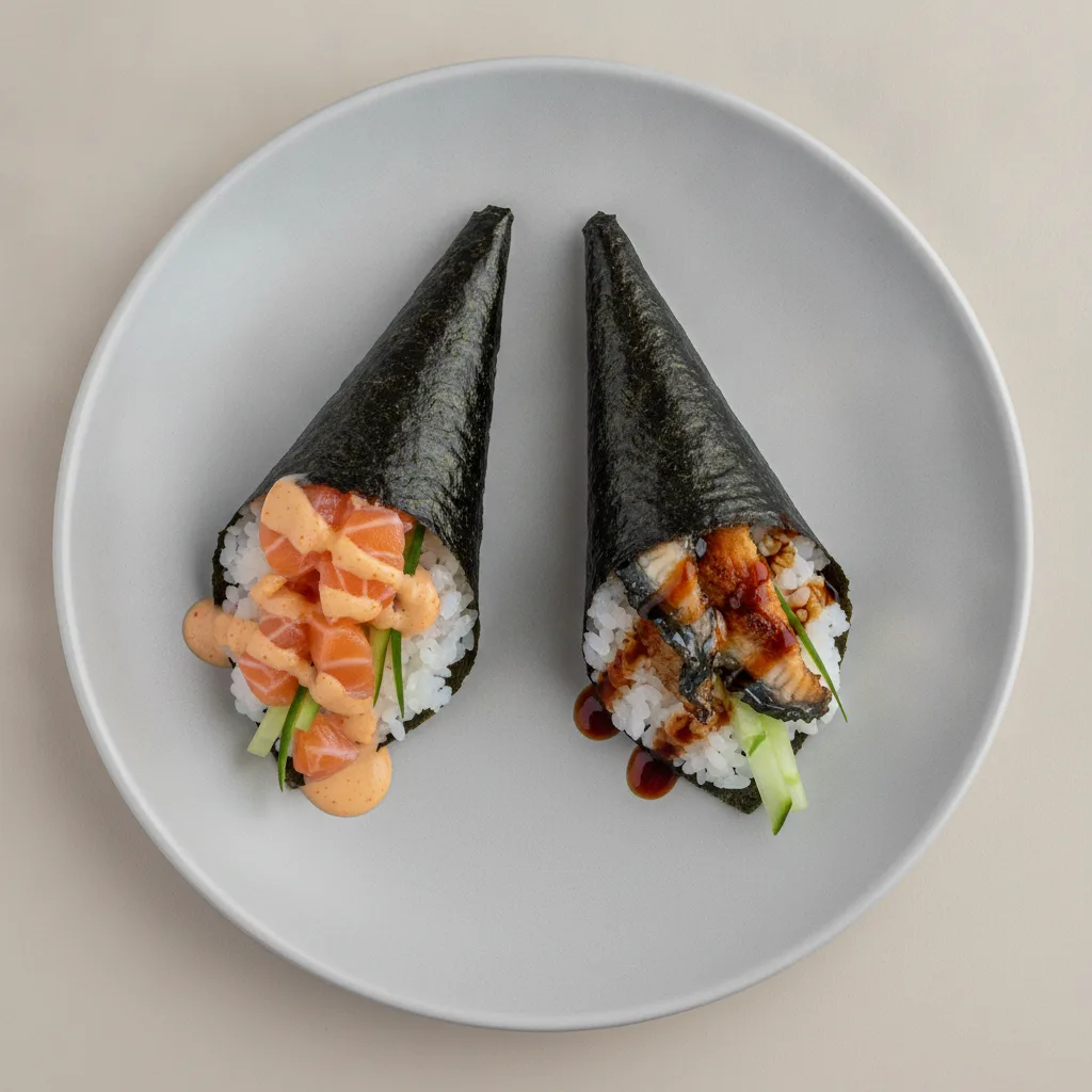 Spicy Salmon and Unagi Handroll. Spicy Salmon and Unagi Handroll.