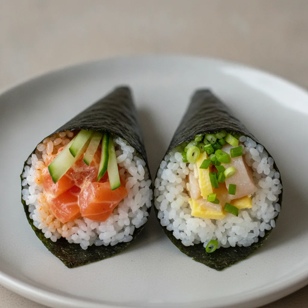 Spicy Salmon and Negihama Handroll. Spicy Salmon and Negihama Handroll.
