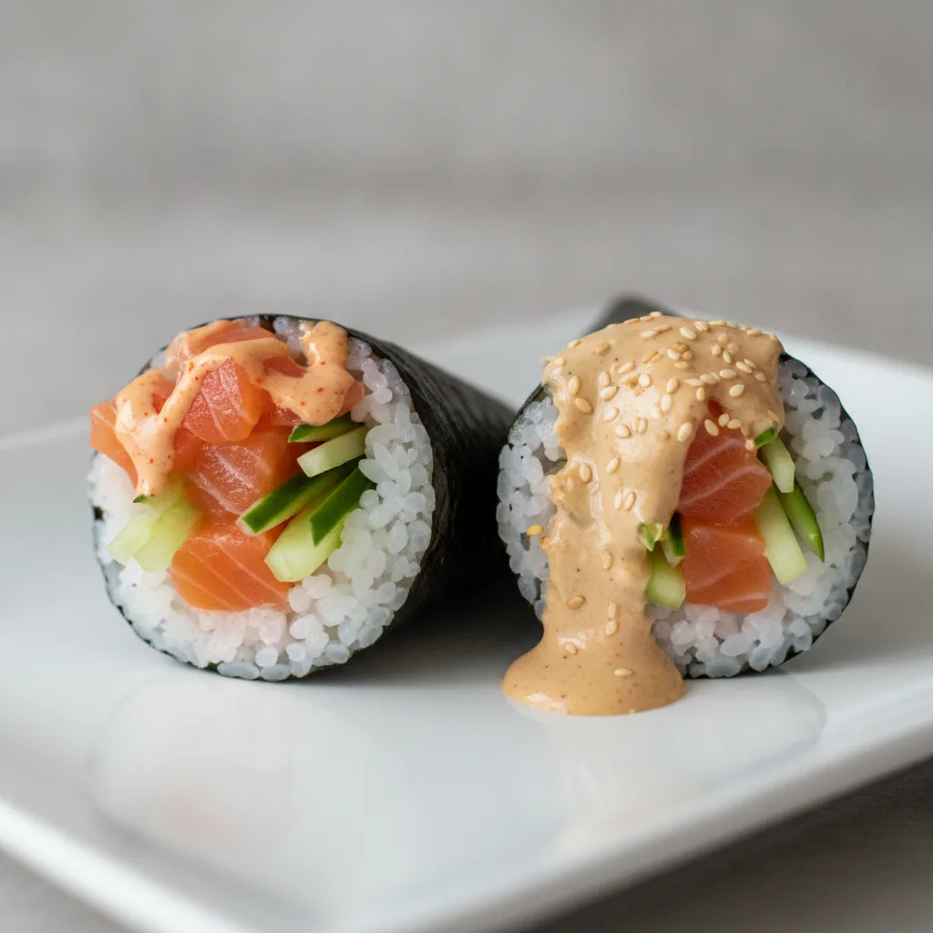 Spicy Salmon and Miso Salmon Handroll. Spicy Salmon and Miso Salmon Handroll.