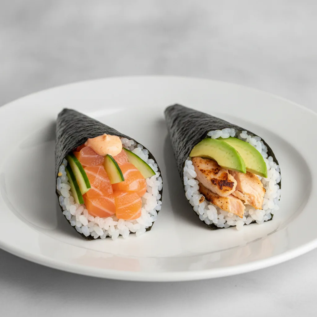 Spicy Salmon and Grilled Salmon and Avocado Handroll. Spicy Salmon and Grilled Salmon and Avocado Handroll.