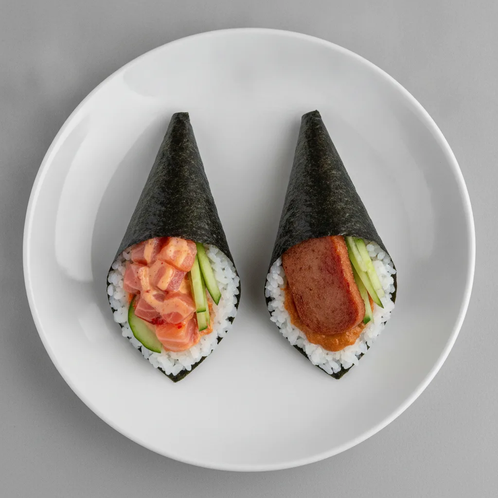 Spicy Salmon and Spam Musubi Handroll. Spicy Salmon and Spam Musubi Handroll.