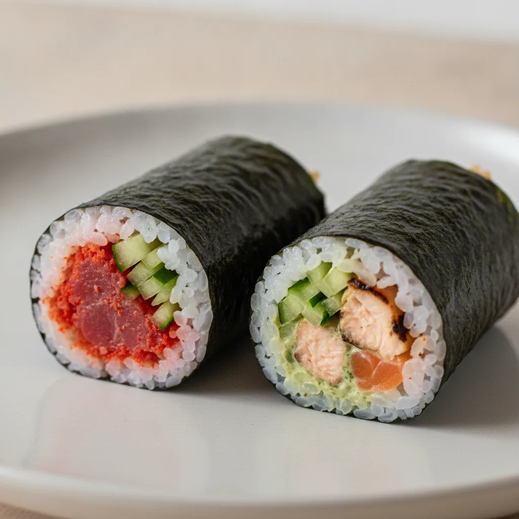 Spicy Tuna and Cilantro Salmon Handroll. Spicy Tuna and Cilantro Salmon Handroll.