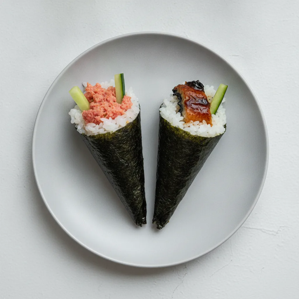Spicy Tuna and Unagi Handroll. Spicy Tuna and Unagi Handroll.