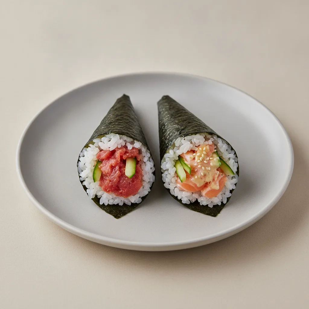 Spicy Tuna and Miso Salmon Handroll. Spicy Tuna and Miso Salmon Handroll.