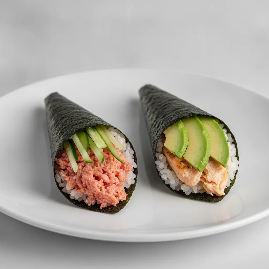Spicy Tuna and Grilled Salmon and Avocado Handroll. Spicy Tuna and Grilled Salmon and Avocado Handroll.