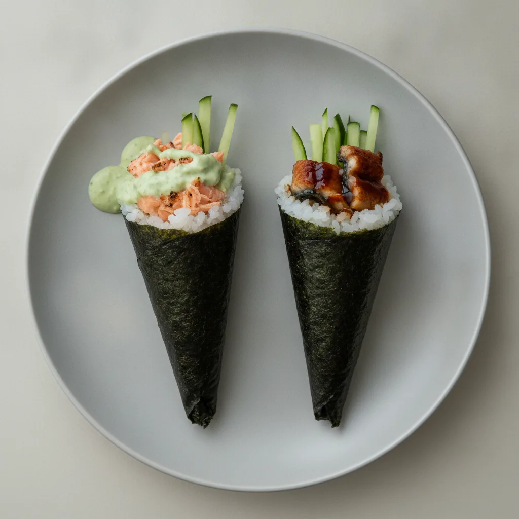 Cilantro Salmon and Unagi Handroll. Cilantro Salmon and Unagi Handroll.