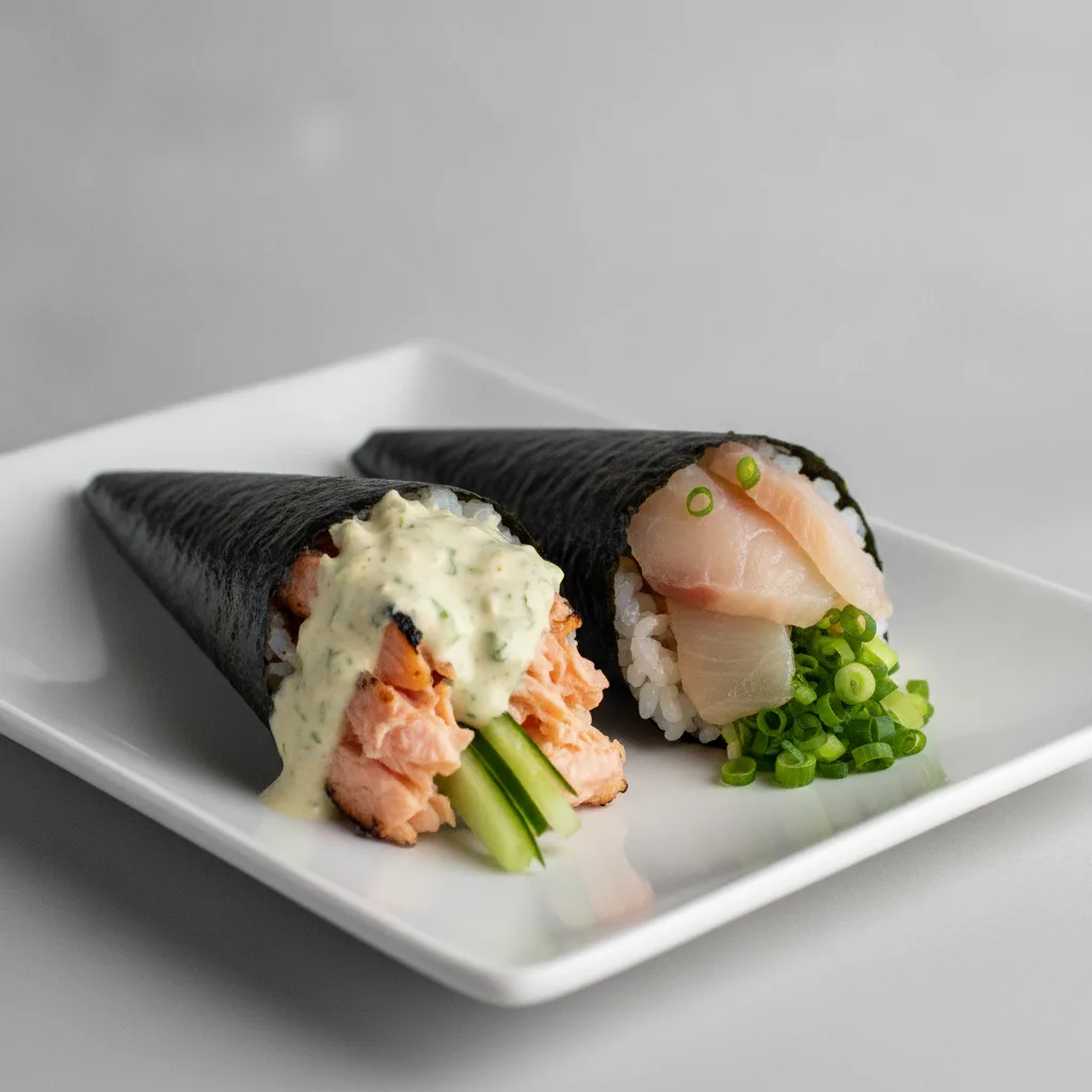Cilantro Salmon and Negihama Handroll. Cilantro Salmon and Negihama Handroll.