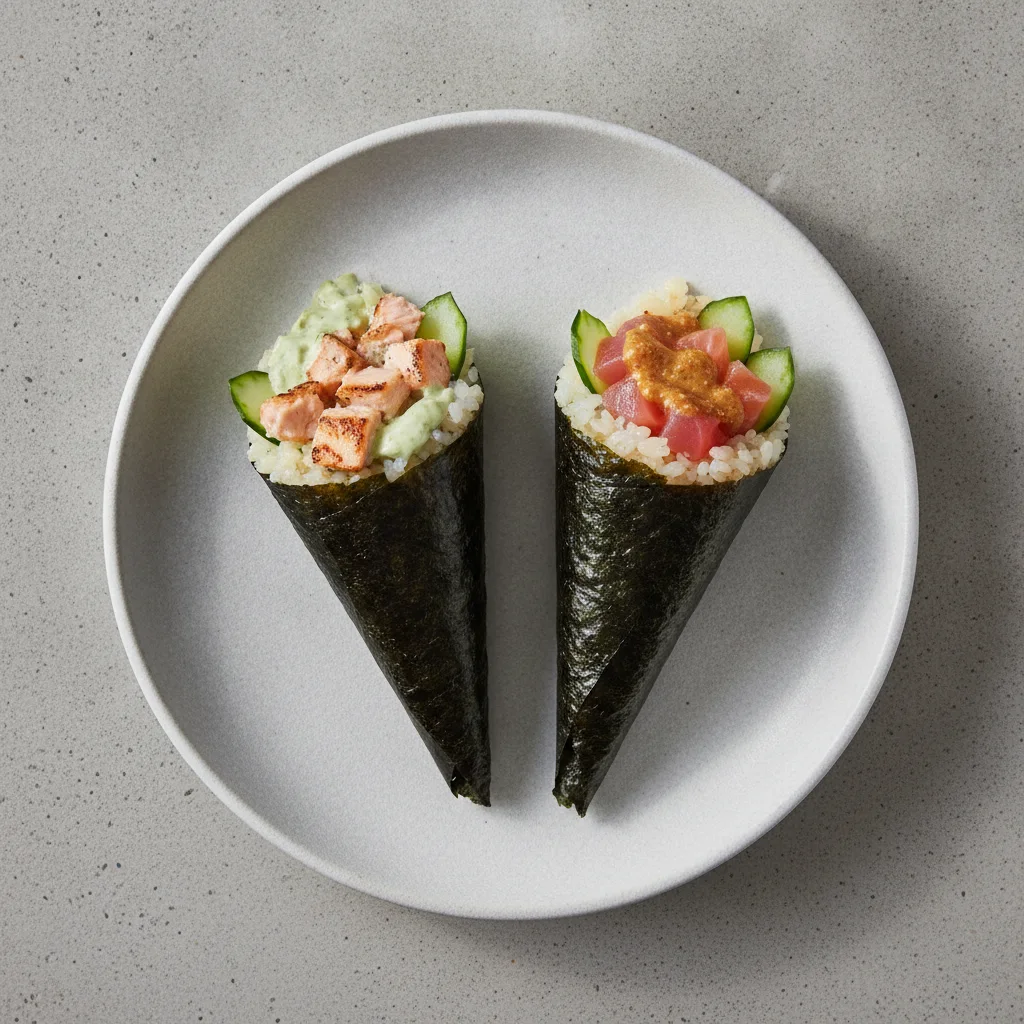 Cilantro Salmon and Miso Salmon Handroll. Cilantro Salmon and Miso Salmon Handroll.