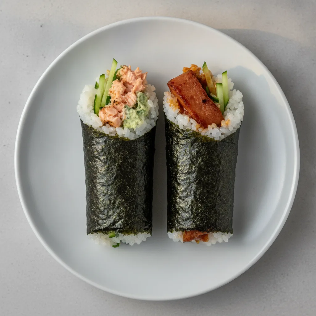 Cilantro Salmon and Spam Musubi Handroll. Cilantro Salmon and Spam Musubi Handroll.