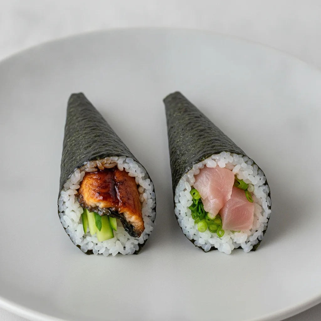 Unagi and Negihama Handroll. Unagi and Negihama Handroll.