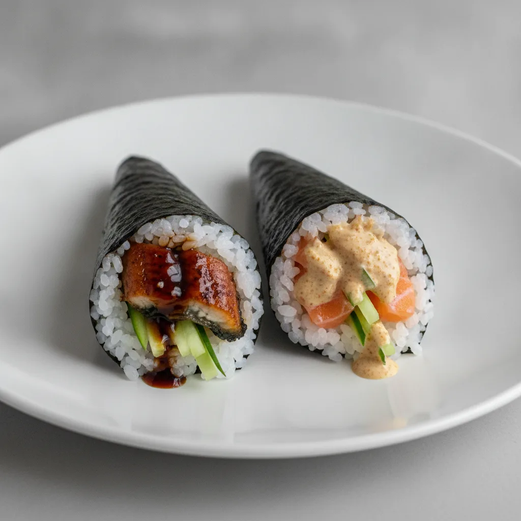 Unagi and Miso Salmon Handroll. Unagi and Miso Salmon Handroll.