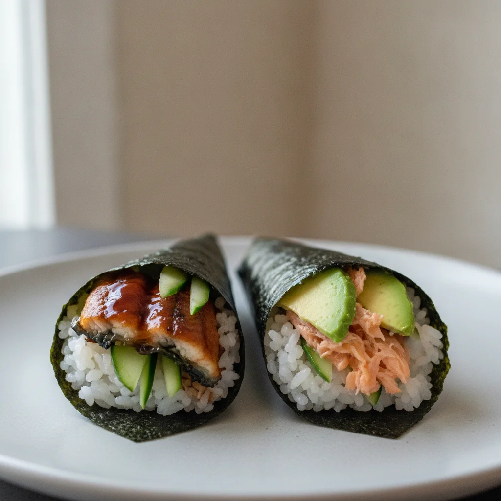 Unagi and Grilled Salmon and Avocado Handroll. Unagi and Grilled Salmon and Avocado Handroll.