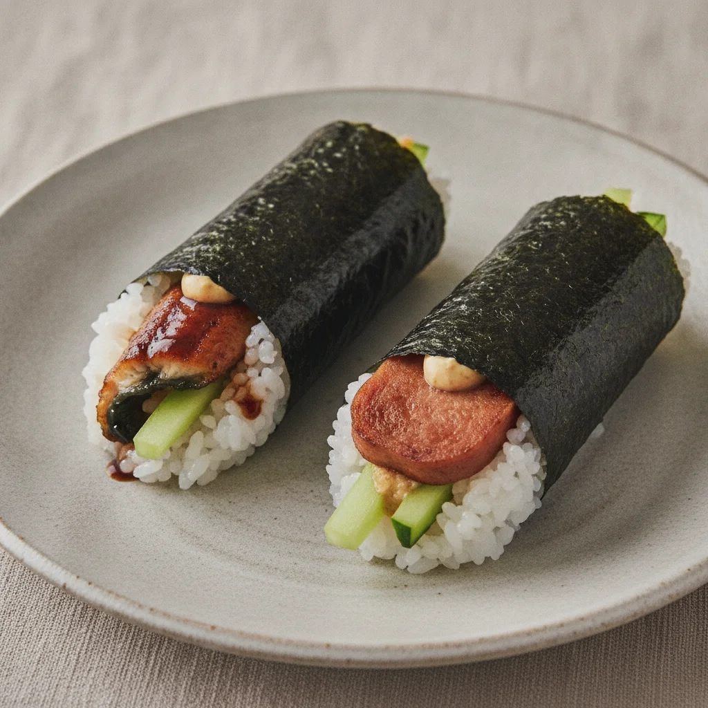 Unagi and Spam Musubi Handroll. Unagi and Spam Musubi Handroll.