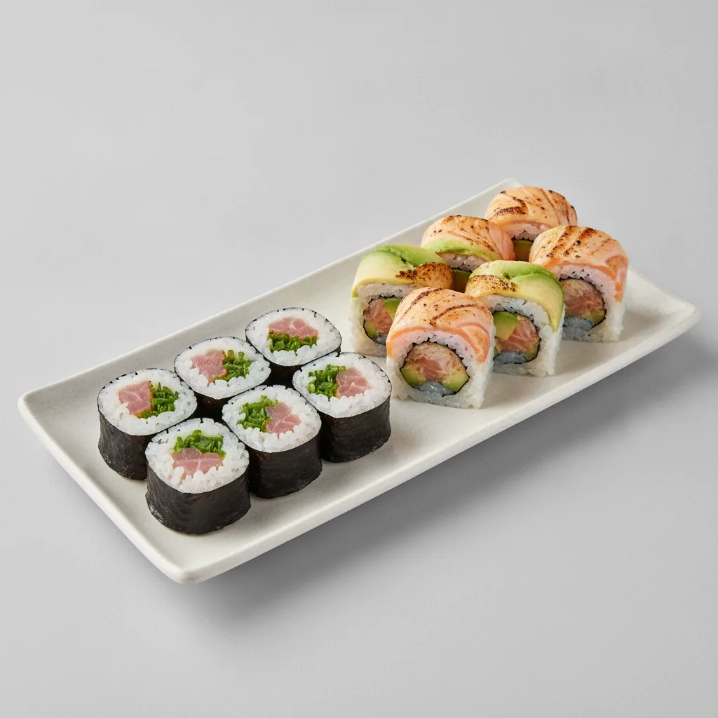 Negihama and Grilled Salmon and Avocado. Negihama and Grilled Salmon and Avocado.
