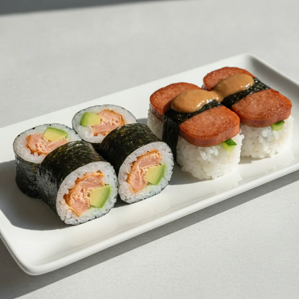 Grilled Salmon and Avocado and Spam Musubi. Grilled Salmon and Avocado and Spam Musubi.