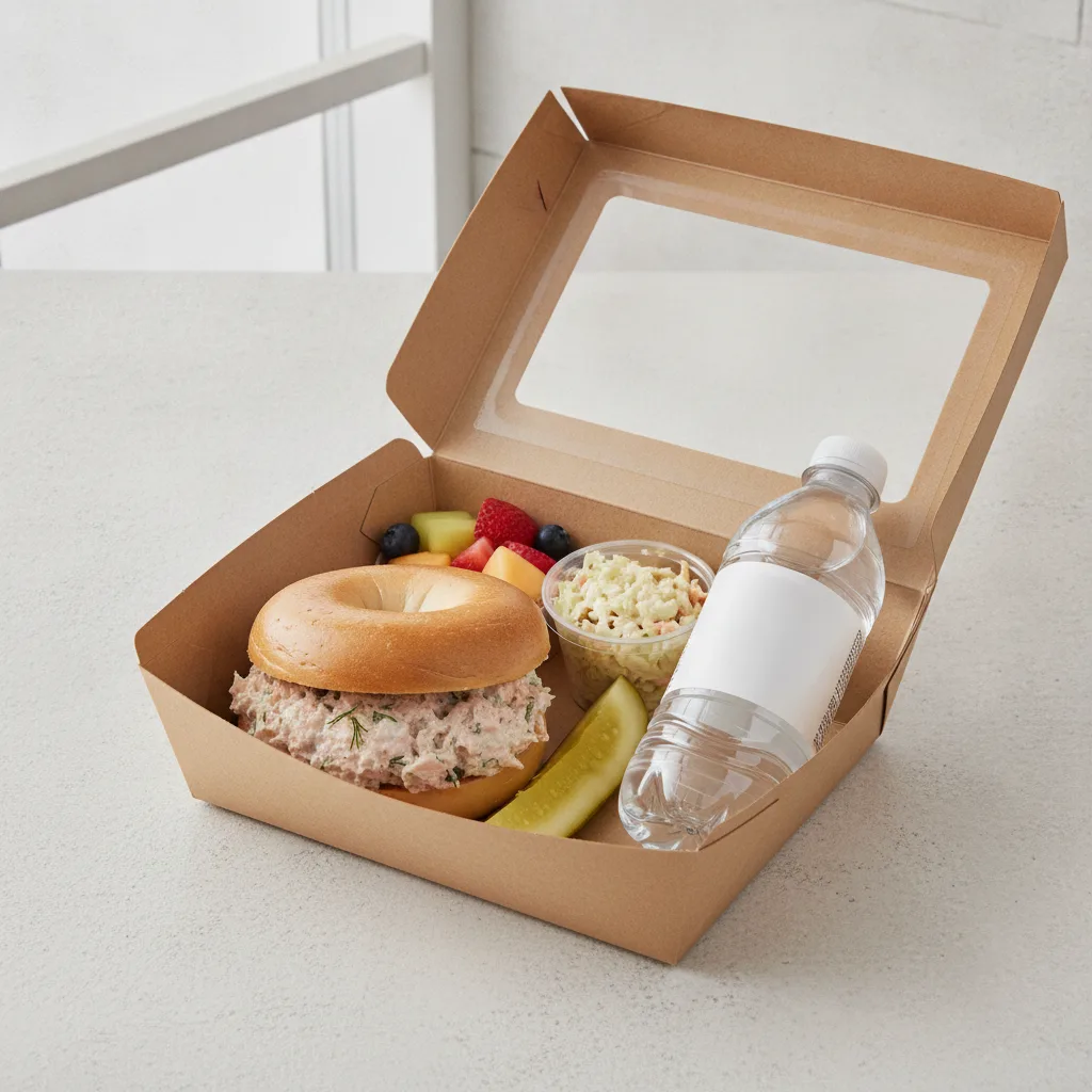 Gluten Free Boxed Lunch — Hot Smoked Salmon Salad / Bottled Water Gluten Free Boxed Lunch — Hot Smoked Salmon Salad / Bottled Water