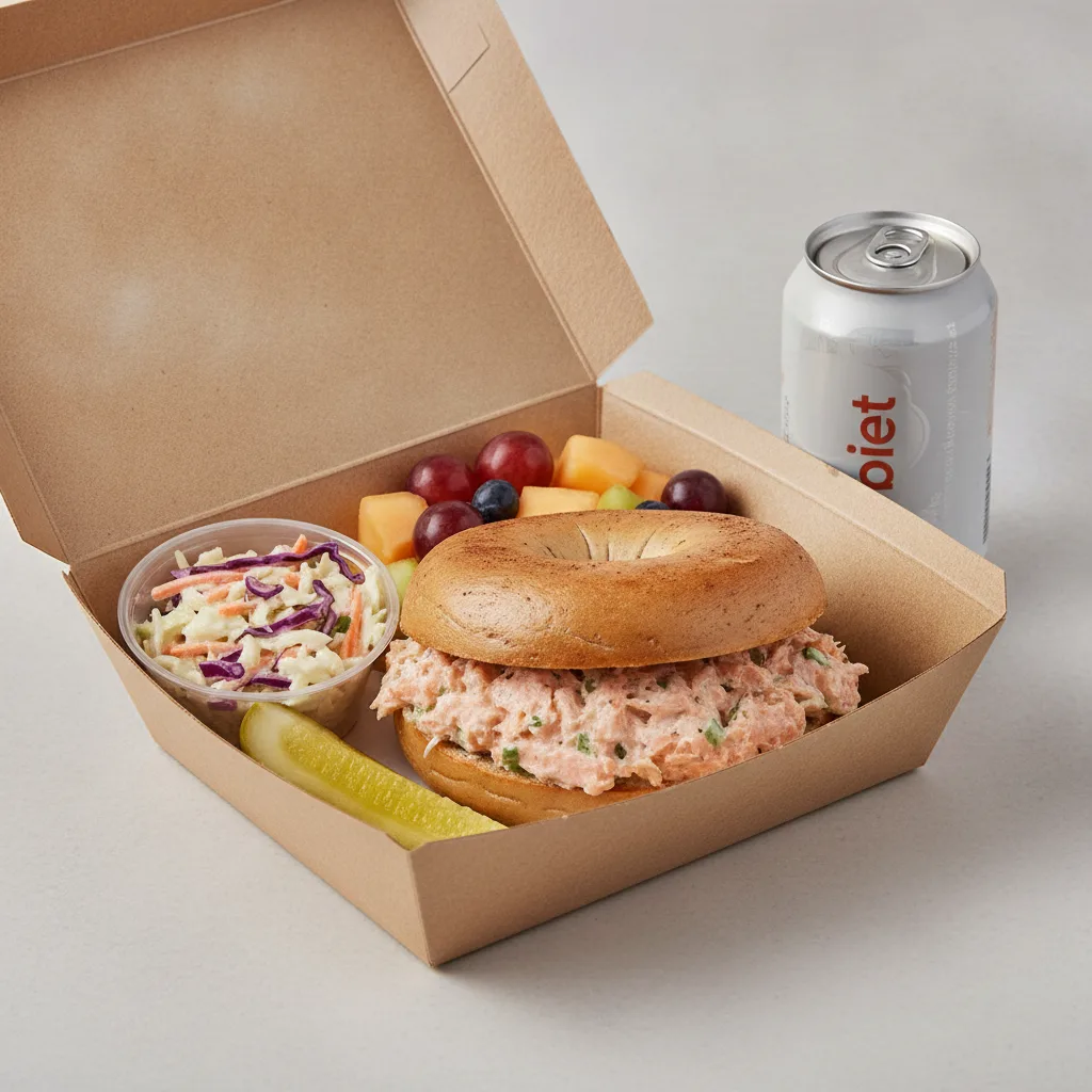 Gluten Free Boxed Lunch — Hot Smoked Salmon Salad / Diet Soda Gluten Free Boxed Lunch — Hot Smoked Salmon Salad / Diet Soda