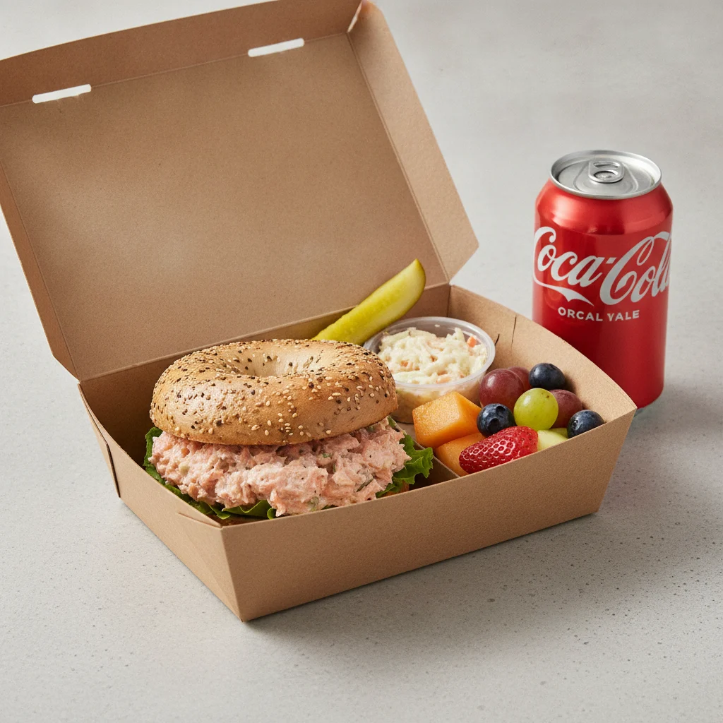 Gluten Free Boxed Lunch — Hot Smoked Salmon Salad / Regular Soda Gluten Free Boxed Lunch — Hot Smoked Salmon Salad / Regular Soda
