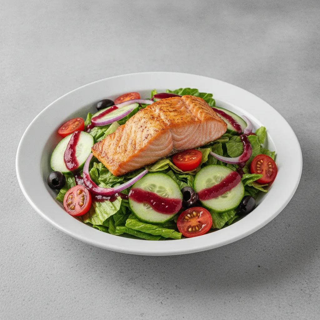 Garden Salad - Raspberry Vinaigrette With Baked Salmon Garden Salad - Raspberry Vinaigrette With Baked Salmon