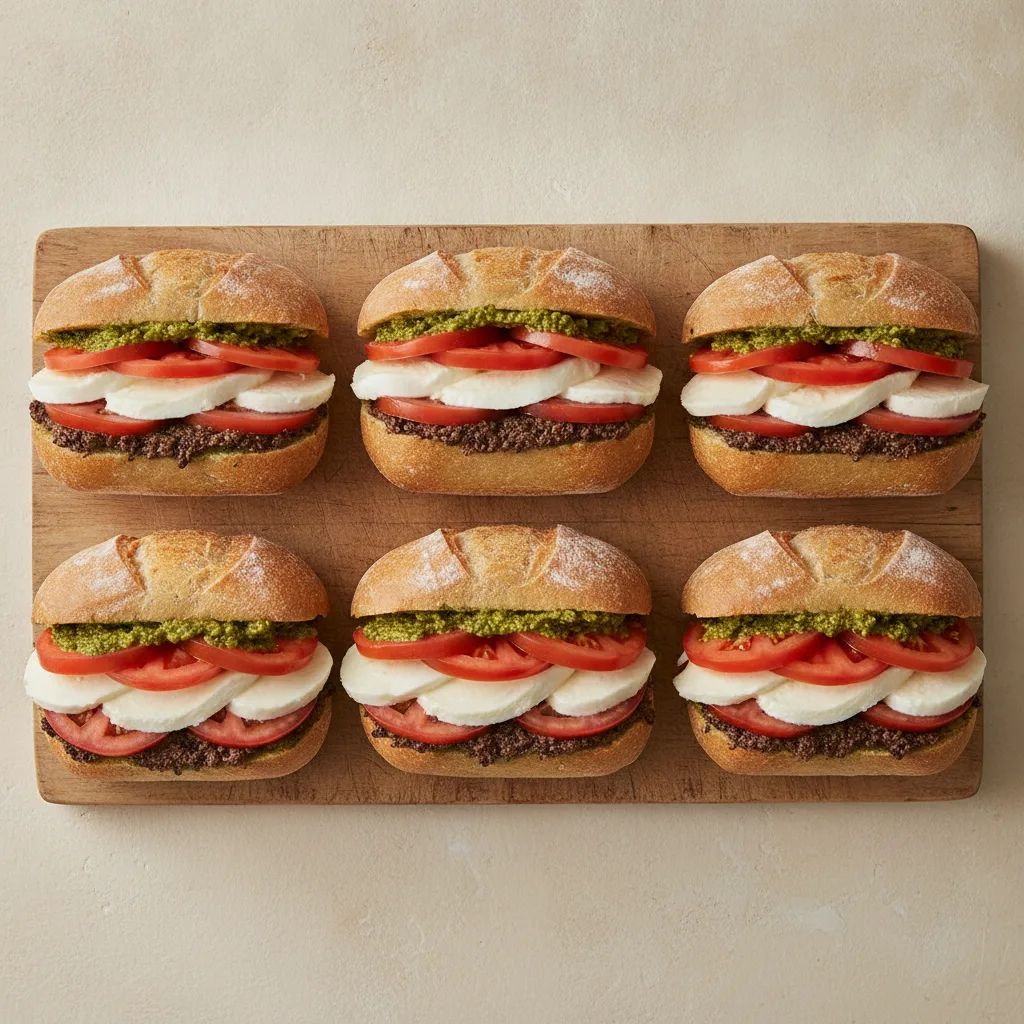 Seasonal Veggie Sandwich Platter: Tomato and Mozzarella Sandwich with Pesto and Tapenade Seasonal Veggie Sandwich Platter: Tomato and Mozzarella Sandwich with Pesto and Tapenade