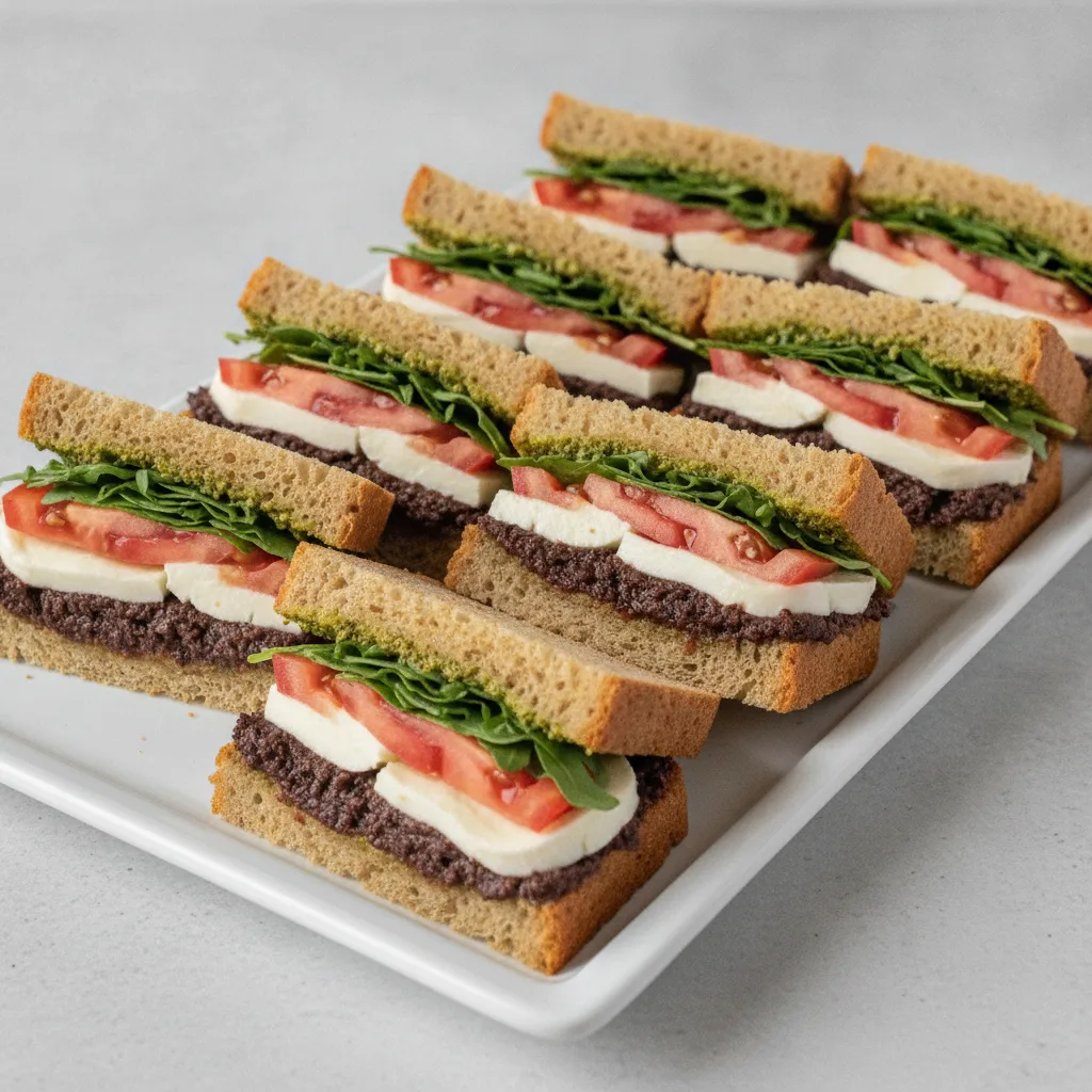 Seasonal Veggie Sandwich Platter - Tomato and Mozzarella Sandwich with Pesto and Tapenade Gluten Free Seasonal Veggie Sandwich Platter - Tomato and Mozzarella Sandwich with Pesto and Tapenade Gluten Free