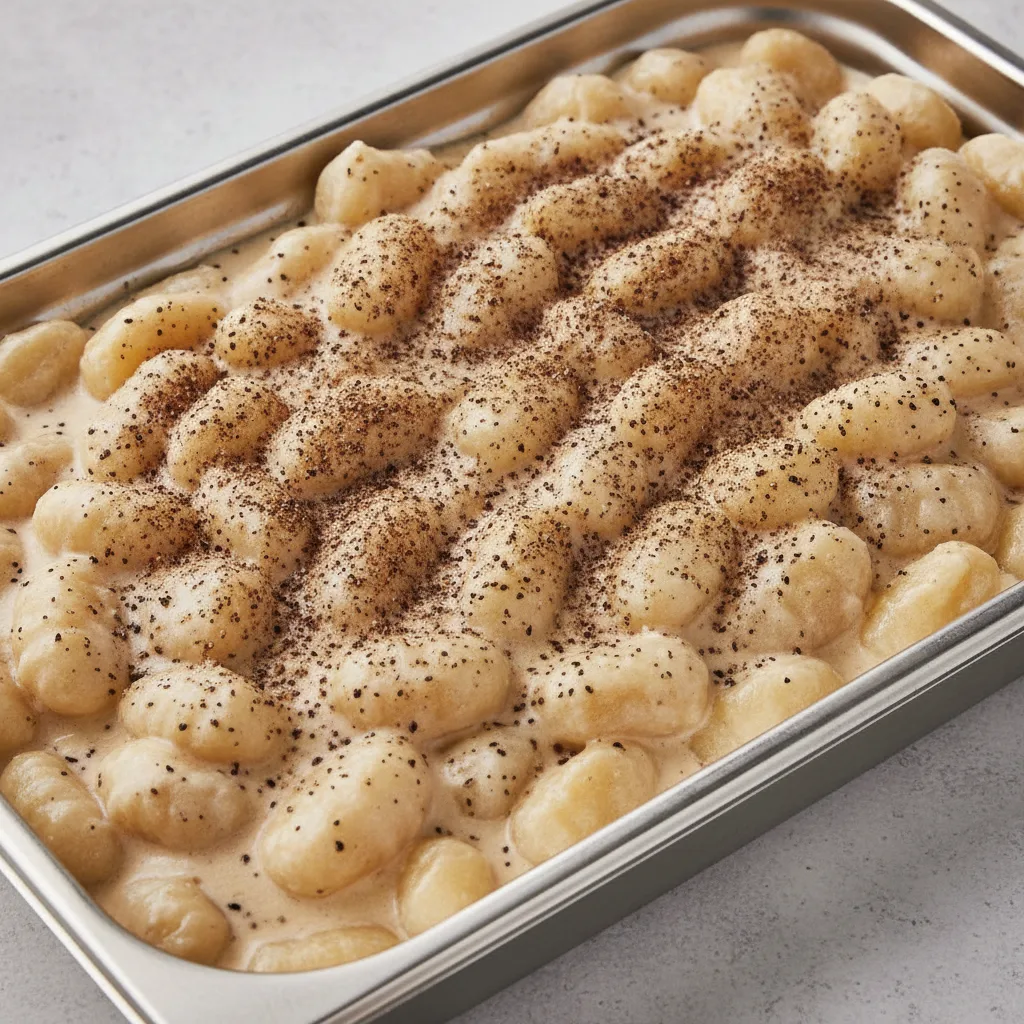 Gluten Free Black Truffle Cacio E Pepe Gnocchi (Full Tray) Gluten Free Black Truffle Cacio E Pepe Gnocchi (Full Tray)