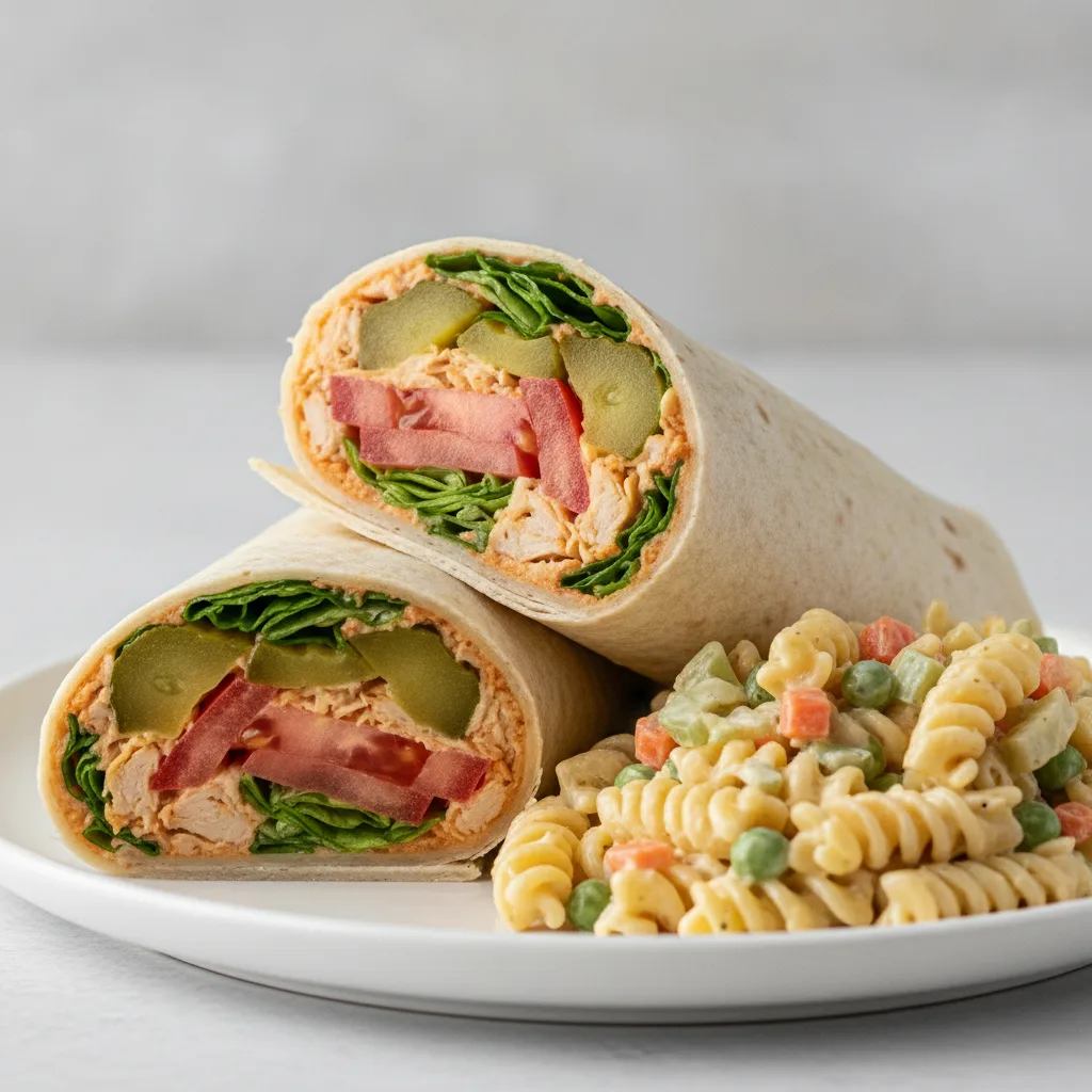Buffalo Chicken Salad Wrap with Creamy Pasta Salad